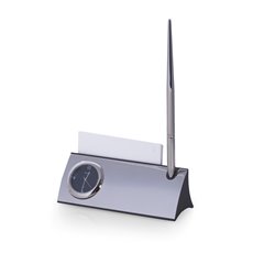 Silver Plated Desk Quartz Clock with Business Card Holder and Pen