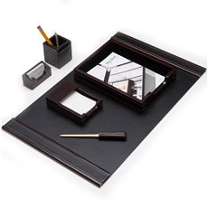 6 Piece Cherry Wood and Black Leather Desk Set