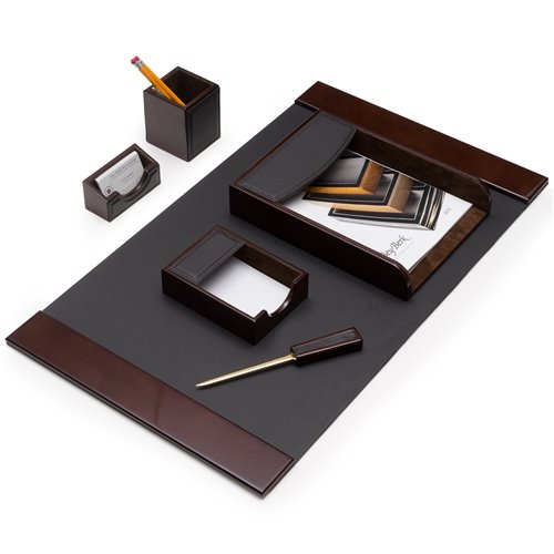 6 Piece Walnut Wood and Brown Leather Desk Set
