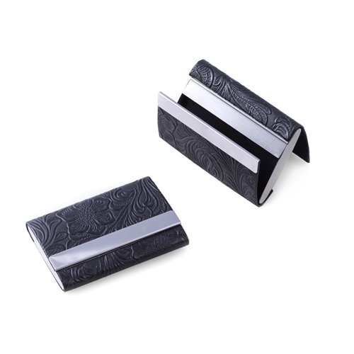 Black Leatherette Double Compartment Card Case with Magnetic Closure