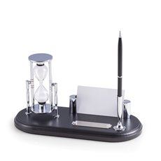 Black Wood and Chrome Plated Pen Stand with 3 Minute Sand Timer and Business Card Holder