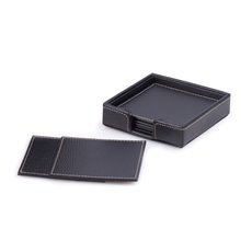 Six Piece Black Leather Coaster Set with Holder