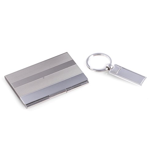 Satin and Shiny Silver Plated Key Ring and Business Card Case in Gift Set