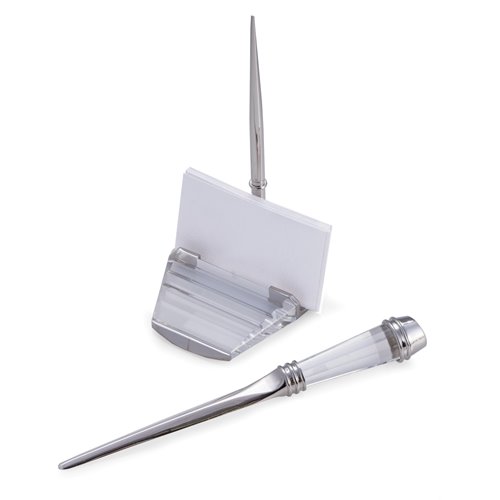 Crystal and Silver Plated Pen Stand with Business Card Holder and Letter Opener Gift Set