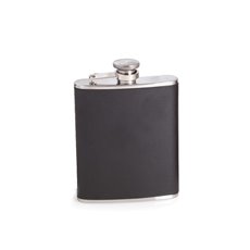 6 oz Stainless Steel Black Leather Flask with Captive Cap and Durable Rubber Seal