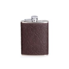 6 oz Stainless Steel Brown Leather Filigree Design Flask with Captive Cap and Durable Rubber Seal