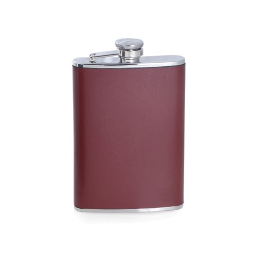 8 oz Stainless Steel Burgundy Leather Flask with Captive Cap and Durable Rubber Seal