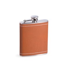 6 oz Stainless Steel Saddle Brown Leather and White Stitch Flask with Captive Cap and Durable Rubber Seal