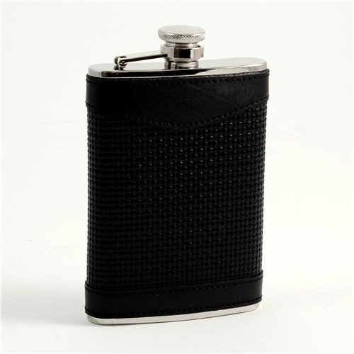 8 oz Stainless Steel Black Leather Woven Flask with Captive Cap and Durable Rubber Seal