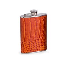 8 oz Stainless Steel Orange Croco Leather Flask with Captive Cap and Durable Rubber Seal