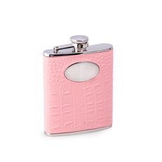 6 oz Stainless Steel Pink Croco Leather Flask with Engraving Medallion, Captive Cap and Durable Rubber Seal
