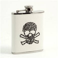 6 oz Stainless Steel White Leatherette Flask with Black Stone Skull Design, Captive Cap and Durable Rubber Seal