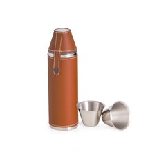 10 oz Stainless Steel Tan Leather Cylinder Flask with Stitching and Two Cups