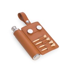 2 oz Stainless Steel Tan Leather Flask with 4 Tee's, 2 Ball Marker's, Divot Tool and Hanging Strap