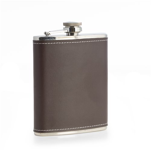 6oz Stainless Steel Brown Leather Flask with Contrast Stitching