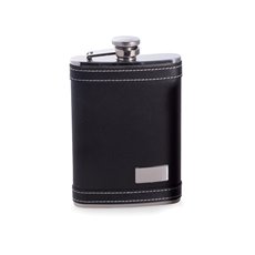 8 oz Stainless Steel Black Leather Flask with White Stitching, Engraving Plate, Captive Cap and Durable Rubber Seal