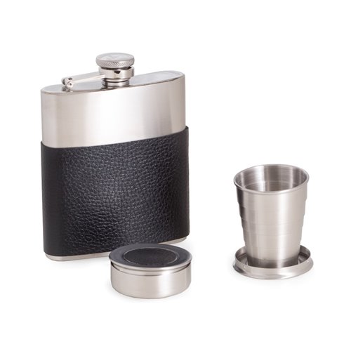 7 oz Stainless Steel Flask with Black Leather Wrap, Captive Cap and Durable Rubber Seal and 2 Collapsible Cups Gift Set