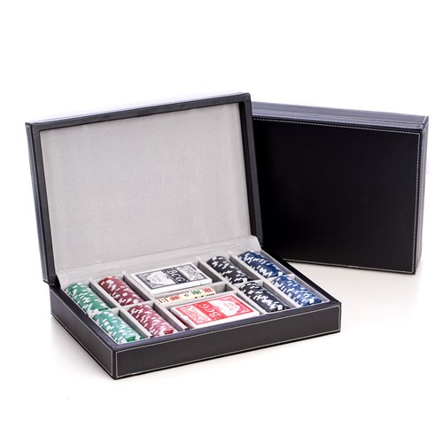 Poker Set with 200, 115 gram Clay Composite Chips, Two Decks of Playing Cards and 5 Poker Dice in Black Leather Case