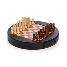 Chess Set in Wood with Black Leather Wrapped Around the Playing Board with Drawer for Game Pieces Game Pions in Wood