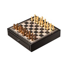 Carbon Fiber and Mother of Pearl Design Chess Set with Accessory Drawers and Weighed Pions