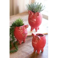 Red Tall Clay Pig Planters Set of 3