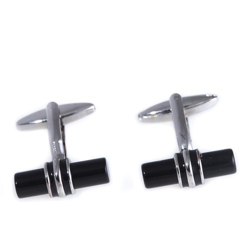 Rhodium Plated Round Black Bar Cufflinks