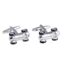 Rhodium Plated Race Car Design Cufflinks with Black Enamel Accents