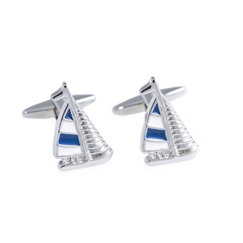 Rhodium Plated Blue and White Sail Boat Design Cufflinks