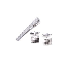 Rhodium Plated Checkered Design Cufflinks and Tie Pin Set