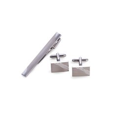 Rhodium Plated Satin Finish and Striped Design Cufflinks and Tie Pin Set