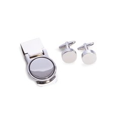 Silver Plated Circular Design Cufflink and Money Clip Set