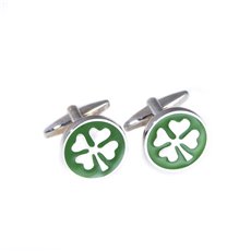 Rhodium Plated Cufflinks with Green Enamel Four Leaf Clover