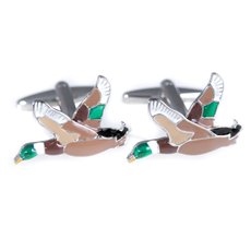 Rhodium and Enamel Painted Cufflinks with Ducks In Flight Design