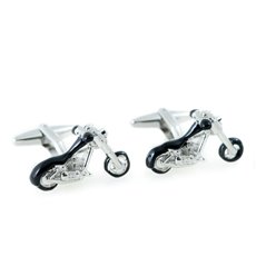 Rhodium Plated and Black Enamel Motorcycle Design Cufflinks