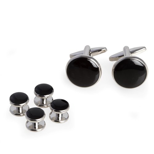 Black Enameled, Rhodium Plated Cufflinks and Studs Set