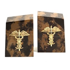 Tiger Eye Marble Bookends with Gold Plated Medical Emblem