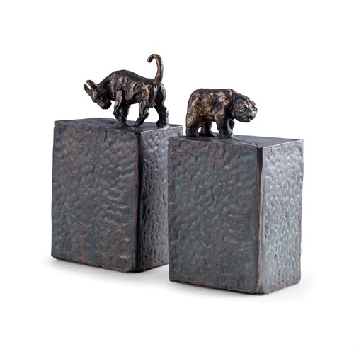 Bull and Bear Bookends, Metal Cast with a Patina Finish