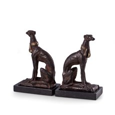 Cast Metal Whippet Bookends with a Patina Finish on Marble Base