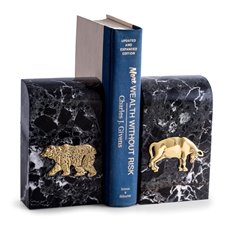 Black Zebra Marble Bookends with Antique Gold Plated Stock Market Emblem