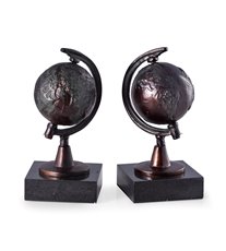 Cast Metal Revolving Globe Bookends with Bronzed Finish on Black Marble Base