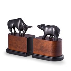 Cast Metal with Bronzed Finished Bull and Bear Bookends on a Burl and Black Wood Base