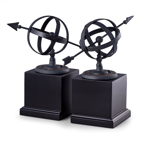Cast Metal Sundial Bookends with Verdigris Finish on Black Wood Base