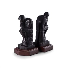 Cast Metal Thinker Bookends with Bronzed Finish on Wood Base