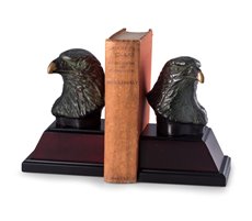Cast Metal Eagle Bookends with Bronzed Finish on Burl and Black Wood Base