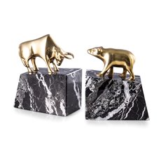 Stock Market Brass Bull and Bear Bookends on Black Zebra Mable Base