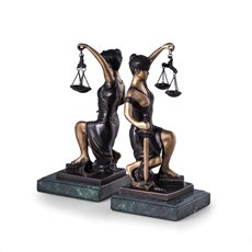 Bronze Kneeling Lady Justice Bookends on Green Marble Base