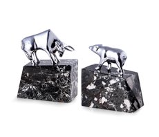 Stock Market Silver Plated Bull and Bear Bookends on Black Zebra Mable Base