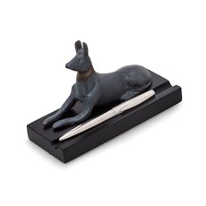 Egyptian Dog Pen Holder with Blue Patina Finish on Black Wood Base