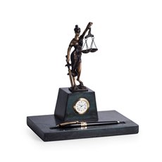 Bronze Finished Lady Justice Sculpture on Green Marble with Pen Holder and Quartz Clock