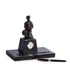 Bronze Finished Hippocrates Sculpture on Green Marble with Pen Holder and Quartz Clock